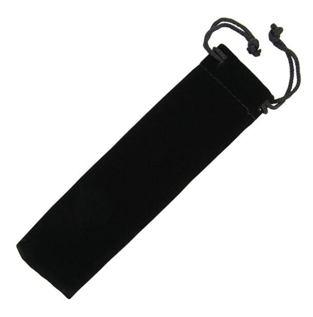 Black velvet pooch to hold a pen with tie top to secure the pen inside the pouch