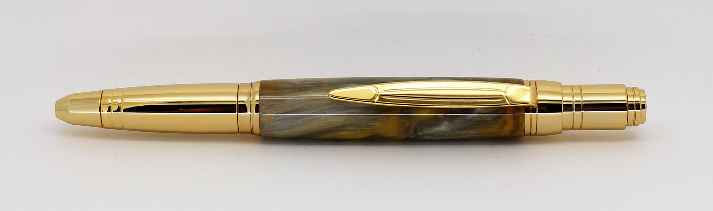 A Ball point Parker style pen in grey & Yellow effect smooth acrylic, it has Chrome gold plated fittings. The nib end is Chrome plated going down to a nice slim gold plated nib. The clip is  also gold plated to give a nice sleek look and is around 4mm wide to help keep it secure where ever you decide to put it