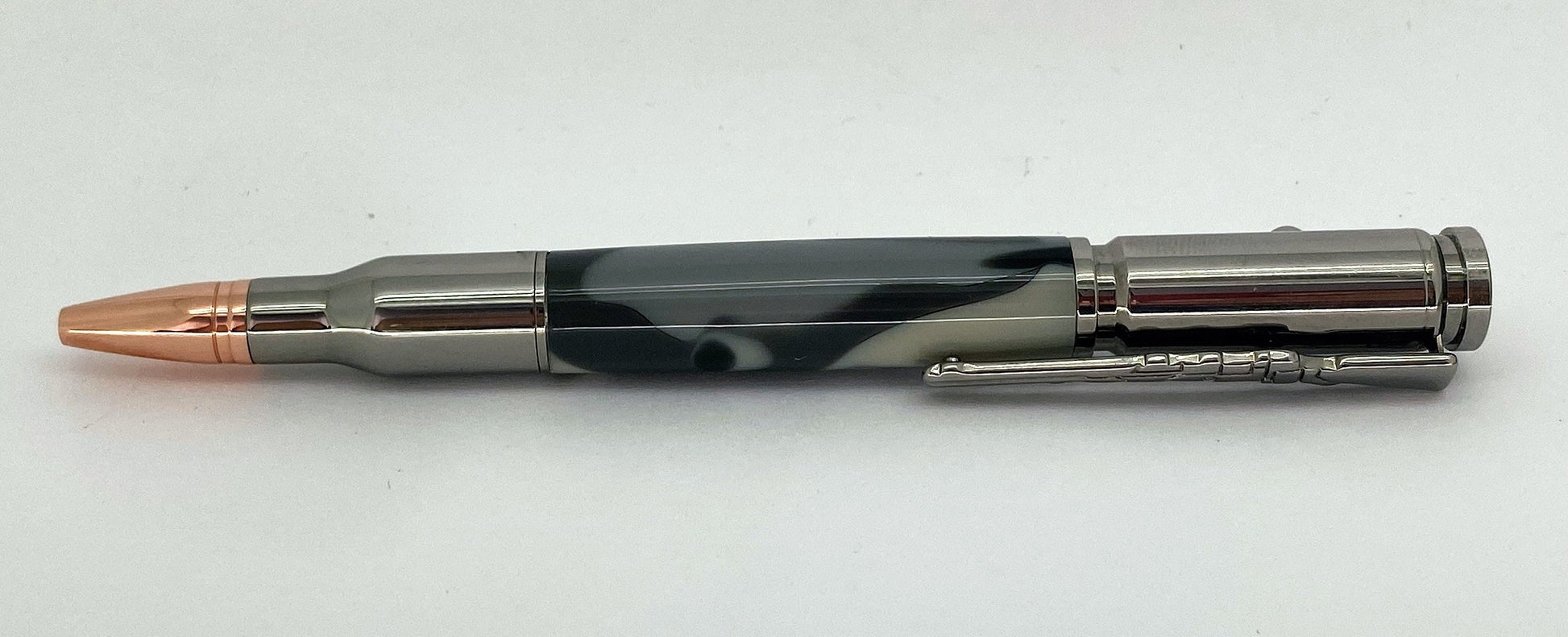 Handturned Grey cammo acrylic Bolt action pen.