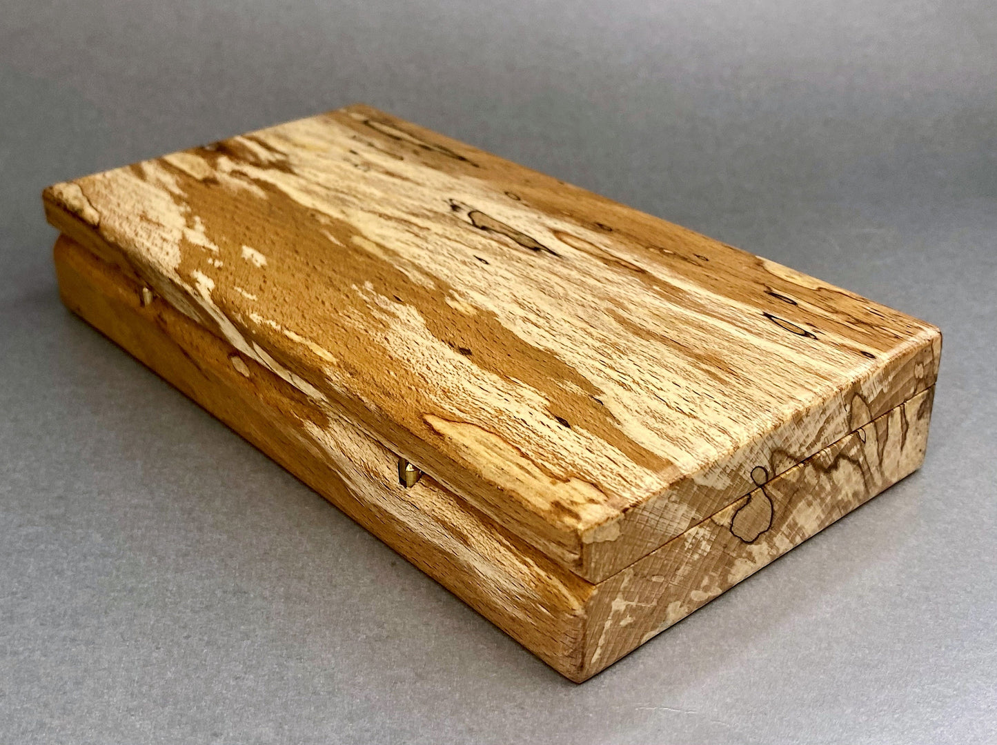 ~Spalted Beech wood hand crafted presentation box with its lid closed showing the spalting effect on the lid and the sides