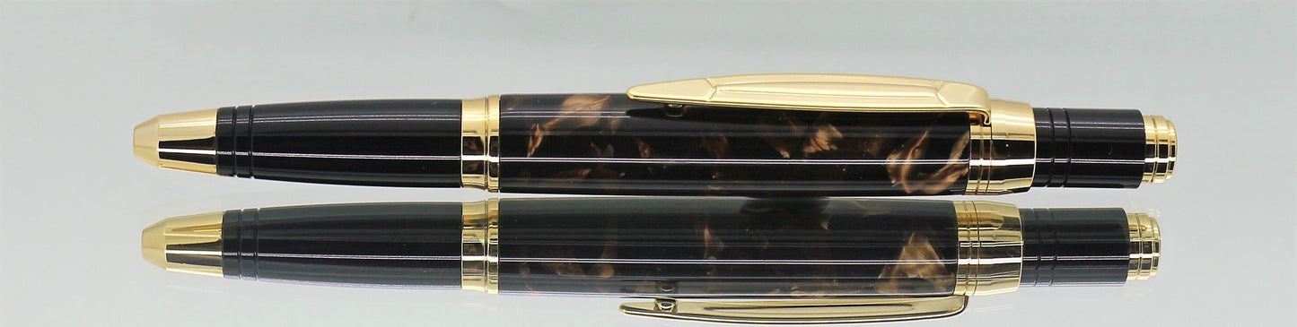 A pen showing off  antique brown and acetate designs and effects to the full, complete with Gold plated fitting to show the effect off.